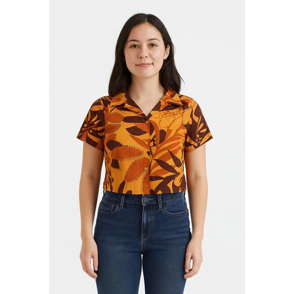 House of Harlow 1960 Women's Cropped Hawaiian Print Button Up Shirt Size XS - Picture 1 of 7